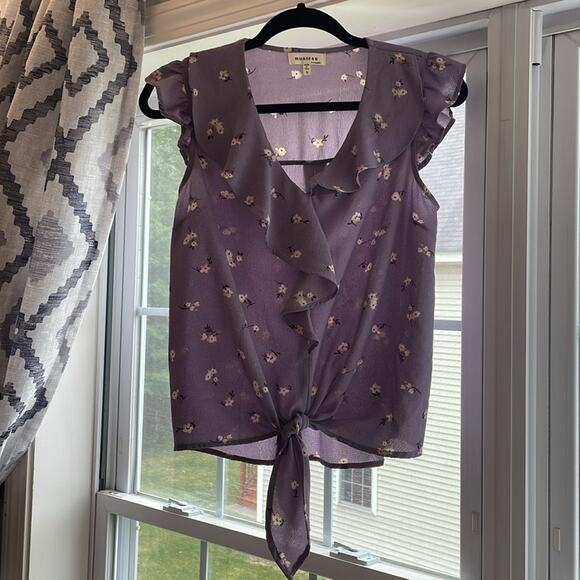 Monteau Small Womens Top Ruffles Purple Light Flowers Tie Bottom Style 28530 - Picture 8 of 8